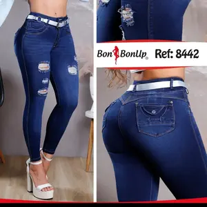 Bon BonUp Colombian Butt-Lifting Jeans for Women | High Waisted Stretchy Premium | Deep Indigo Blue Skinny Ripped with Removable Belt | Bon BonUp Jeans Colombianos Levanta Cola para Mujer | Ref:  8442