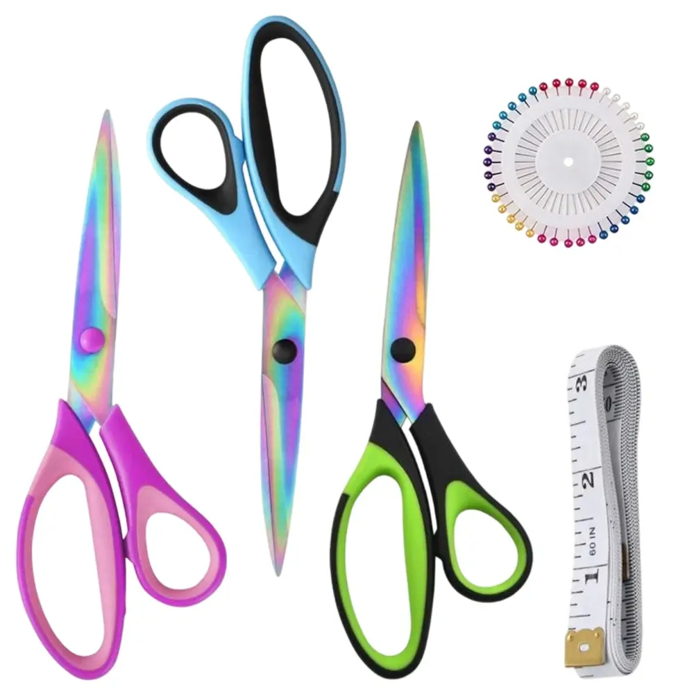 3 pieces of fabric scissors, with 1 tape measure and 1 positioning needle, a multifunctional cutting tool suitable for home sewing enthusiasts, DIY crafts, tailors, and clothing cutting