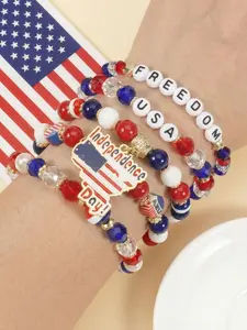 5 Pcs American Flag Independence Day Bracelets, Blue Alloy Pendant, Layered Beaded Set, Adjustable Women's Jewelry Gift