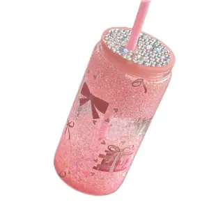 Pink Tumbler with Lace Design Handmade - Sparkly Pink Glitter Style Drinkware with Bow and Heart Patterns Bottle Aesthetic Reusable Water Bottles