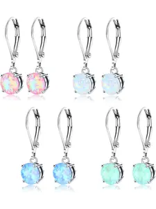 4/6 Pairs Silver Dangle Earrings for Women CZ Dangle Earrings Set Hypoallergenic Round Square Teardrop Cubic Zirconia Opal Leverback Earrings