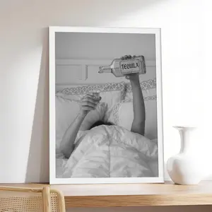 Vintage Black and White Funny Tequila Bar Photo Poster Print - Minimalist Neutral Wall Decor with Woman in Bed & Couple Design, Aesthetic Bedroom Home Decor, Ideal Gift
