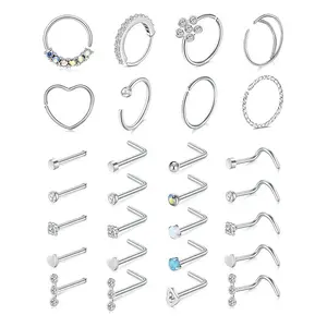 20G Nose Rings  Nose Piercing Stainless Steel Nose Ring Hoops 28PCs/Set L Shape Nose Studs Nose Screw Bone Silver Rose Gold Black Rainbow Pack