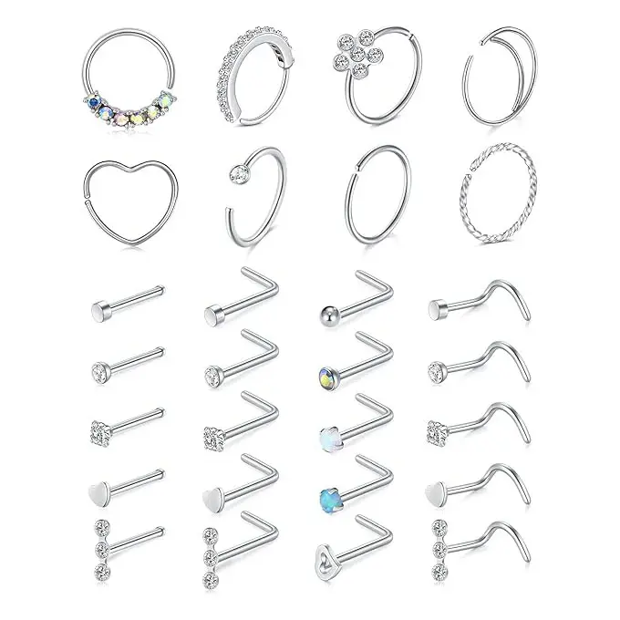 20G Nose Rings  Nose Piercing Stainless Steel Nose Ring Hoops 28PCs/Set L Shape Nose Studs Nose Screw Bone Silver Rose Gold Black Rainbow Pack