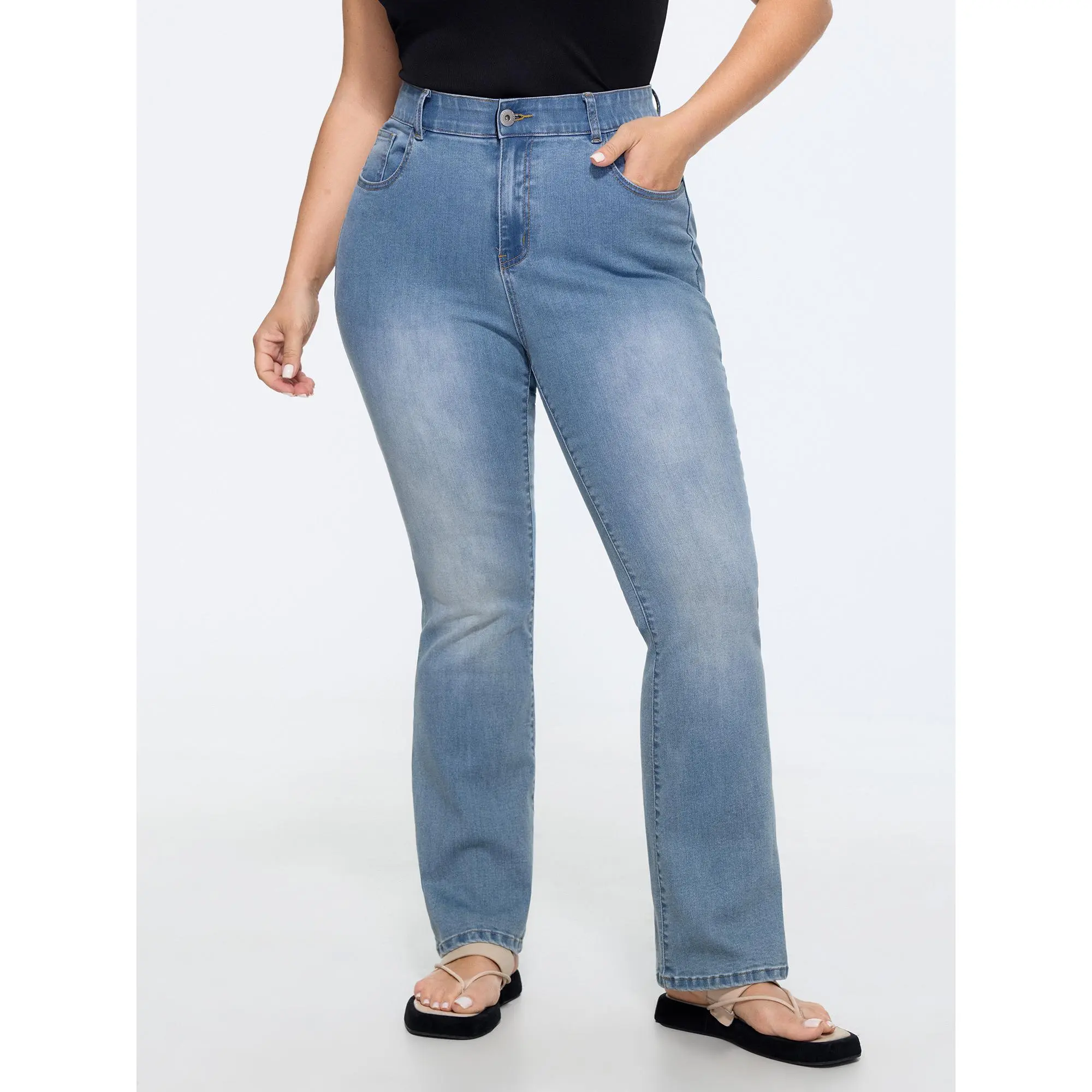 BLOOMCHIC Women's Plus Size Curvy Clothing Low Iron Stretchy Spandex-Elastane Mid-Rise Bootcut Jeans - Button Fly Closure Bottoms, Size M-6X Summer Wear, Deals for You Days, Midrise Light Wash Jeans, Fabric, Jean Pants