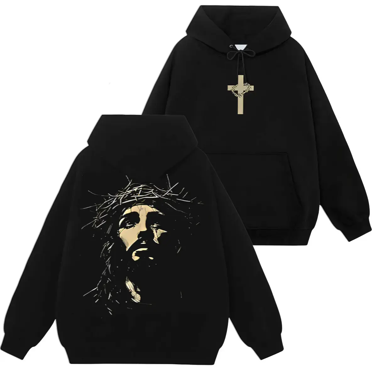 Men's Classic Vintage Cross Graphic Hoodie - Jesus Crown of Thorns Print, Soft Fabric Tops, Casual Long-Sleeve Unisex Pullover, Office & Daily Streetwear Sweatshirt