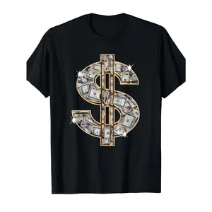 Men'S & Women'S Vintage Money Motivational T-Shirt - Heavyweight gsm Dollar Bill Dollar Sign & Cash Design with Golden Chains & Banknotes - Casual Streetwear for Casual Attire, All-Season Fit Round Neck Tee for Men & Women - Ideal Gift for Financ