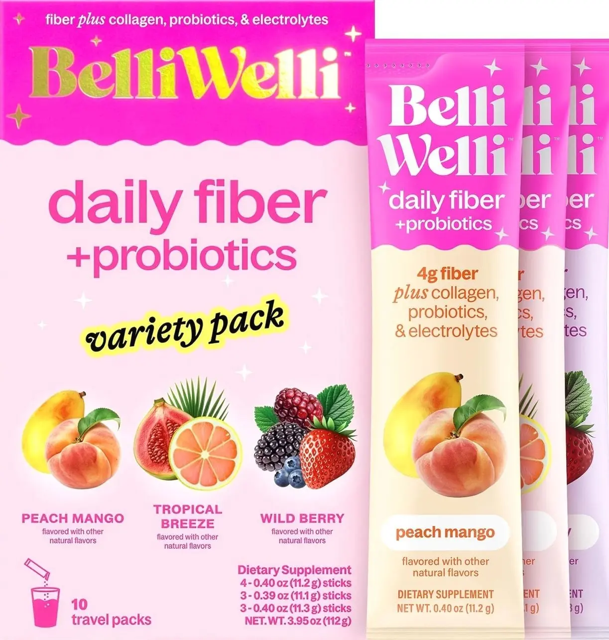 Belli Welli Fiber Supplement, Probiotics Fiber Powder Travel Pack for Women with Collagen & Electrolytes for Daily Gut Health & Debloating, Variety Pack, 10 Packets