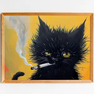 Black Cat Painting, Cat Smoking a Cigarette, Cat Wall Art, Cat Print, Cat Portrait, Unique Gift, Black Kitten Painting, Poster Art Print