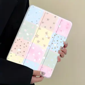 Girly Glitter Star Patchwork Design iPad Case Transparent Acrylic Hard Back Panel With Pencil Slot，Suitable for Ipad mini pro air. Scratch-resistant Ultra-thin Protective Case, Shock-resistant Full Cover Protective Case Suitable for Offices Schools