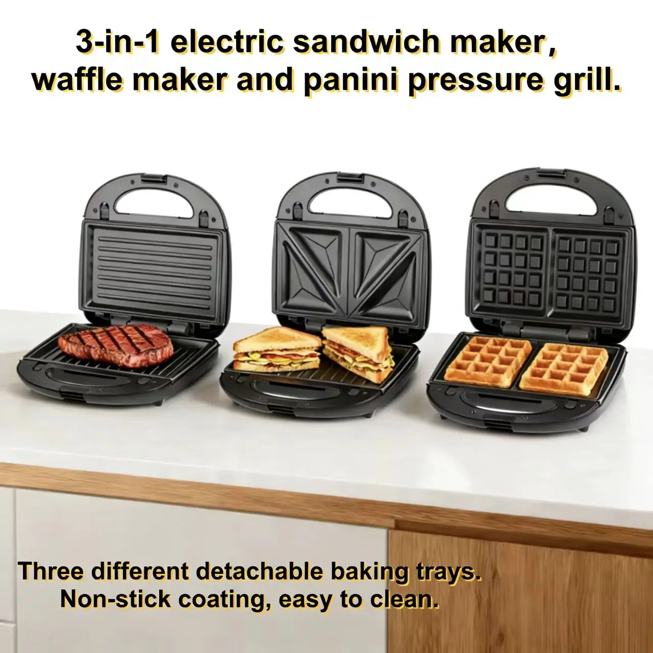 3-in-1 Electric Sandwich Maker, Waffle Iron & Panini Press with Removable Non-Stick Coating Plates, Burger & Steak Grilling Function, Convenient Home Use Kitchen Breakfast Appliance for Busy Households