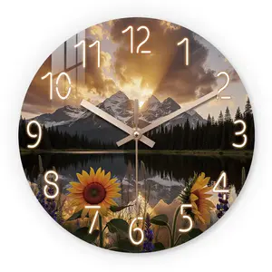Natural Scenery Mountain Lake Sunset Sunflower Wooden Wall Clock, Silent 10-24 Inch, Aa Battery Powered, for Living Room Bedroom Office
