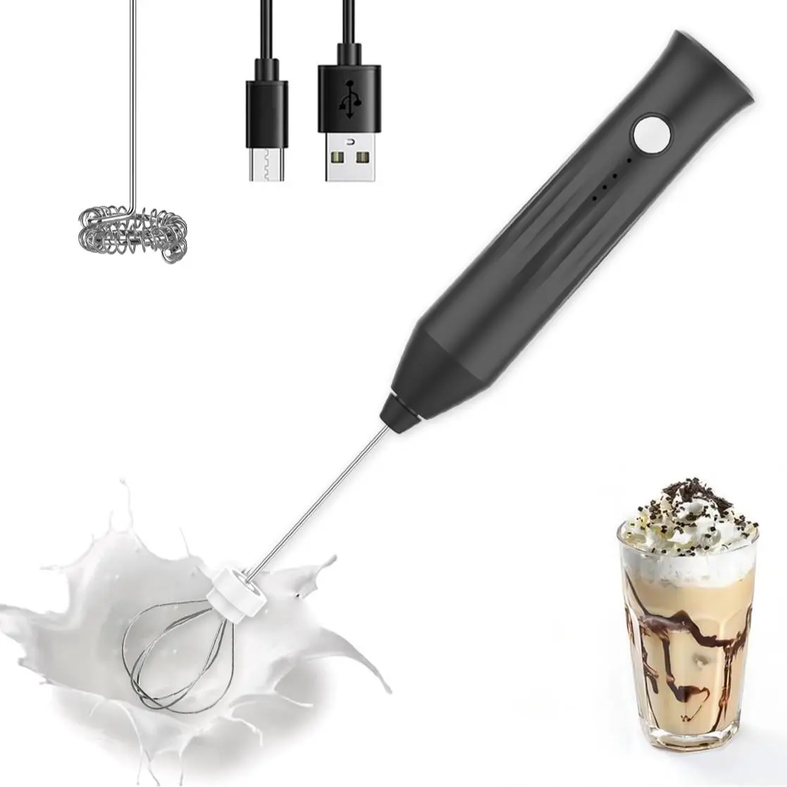 Electric Rechargeable Milk Blender Whisk Frother, Cordless Milk Frother, Mini Portable Blender Milk Frother with 3 Speeds, Two Stainless Steel Blender Sticks, Handheld Whisk for Coffee and Cappuccino, Coffee Lovers, Coffee Frother Mixer