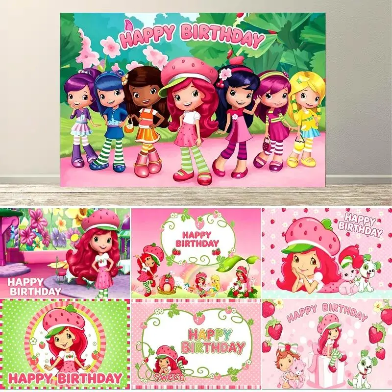 Strawberry Girl Birthday Party Backdrop Cartoon Pink Shortcake-Themed Party Decoration Supplies Birthday Party Banner