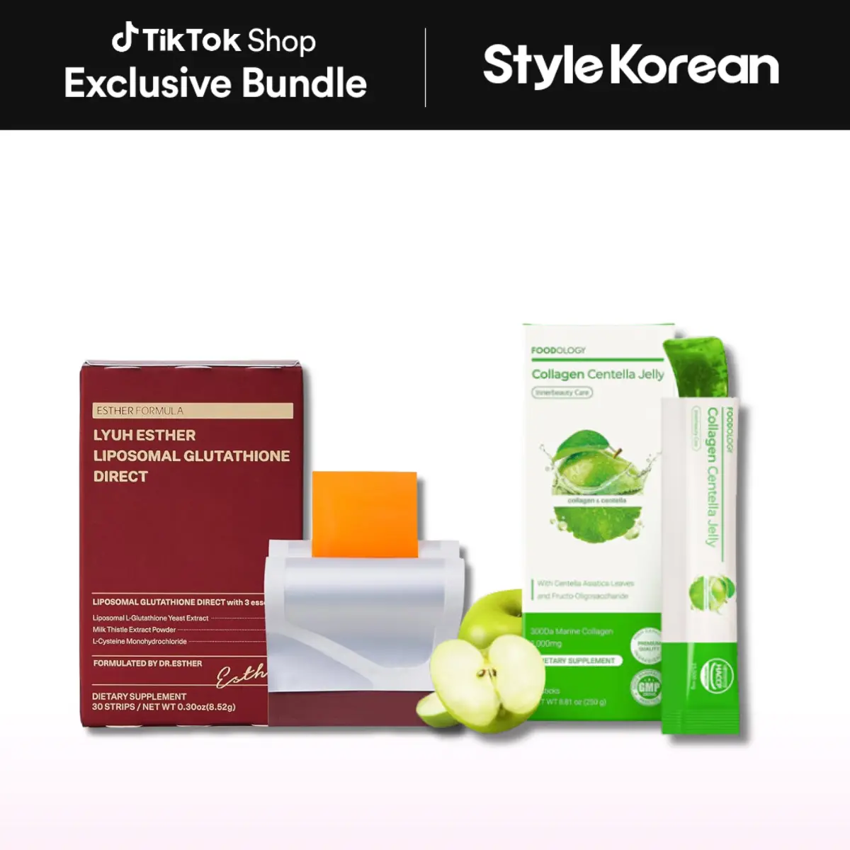 [StyleKorean] Inner to Skin Glow Duo - [ESTHER FORMULA] Liposomal Glutathione Strips (30ct) + [Foodology] Collagen Centella Jelly (10 pouch)