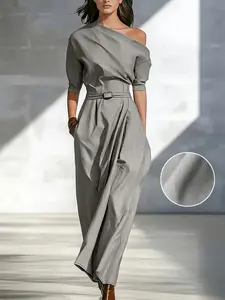 This Asymmetrical Maxi Dress is Minimalist Luxury Vibes Elegance Off Shoulder Belted Draped Dress with Pocket