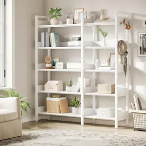 Gaomon Modern Wall Corner Bookshelf, 5-Tier Bookshelf with 4 Hooks - White, Modern Corner Bookshelf
