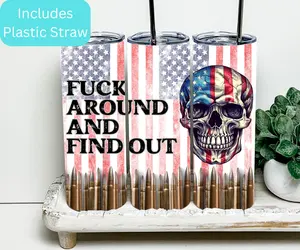 FAFO F Around And Find Out American Flag Skull 20oz Tumbler with BPA Free Lid & Straw Insulated Stainless Steel Drinkware