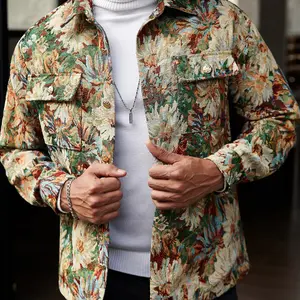 Men's Vintage Floral Butterfly Sunflower Jacket, Loose-Fit Woven Fabric, Button Front, Dual Pockets, Spring & Fall Casual Wear
