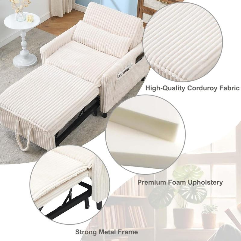 3 in 1 Convertible Sleeper Chair, Pull Out Sofa Bed with Adjustable Backrest & Storage Pockets, Recliner Chair Bed, Modern Corduroy Chaise Lounge for Bedroom Living Room Small Space (Beige)