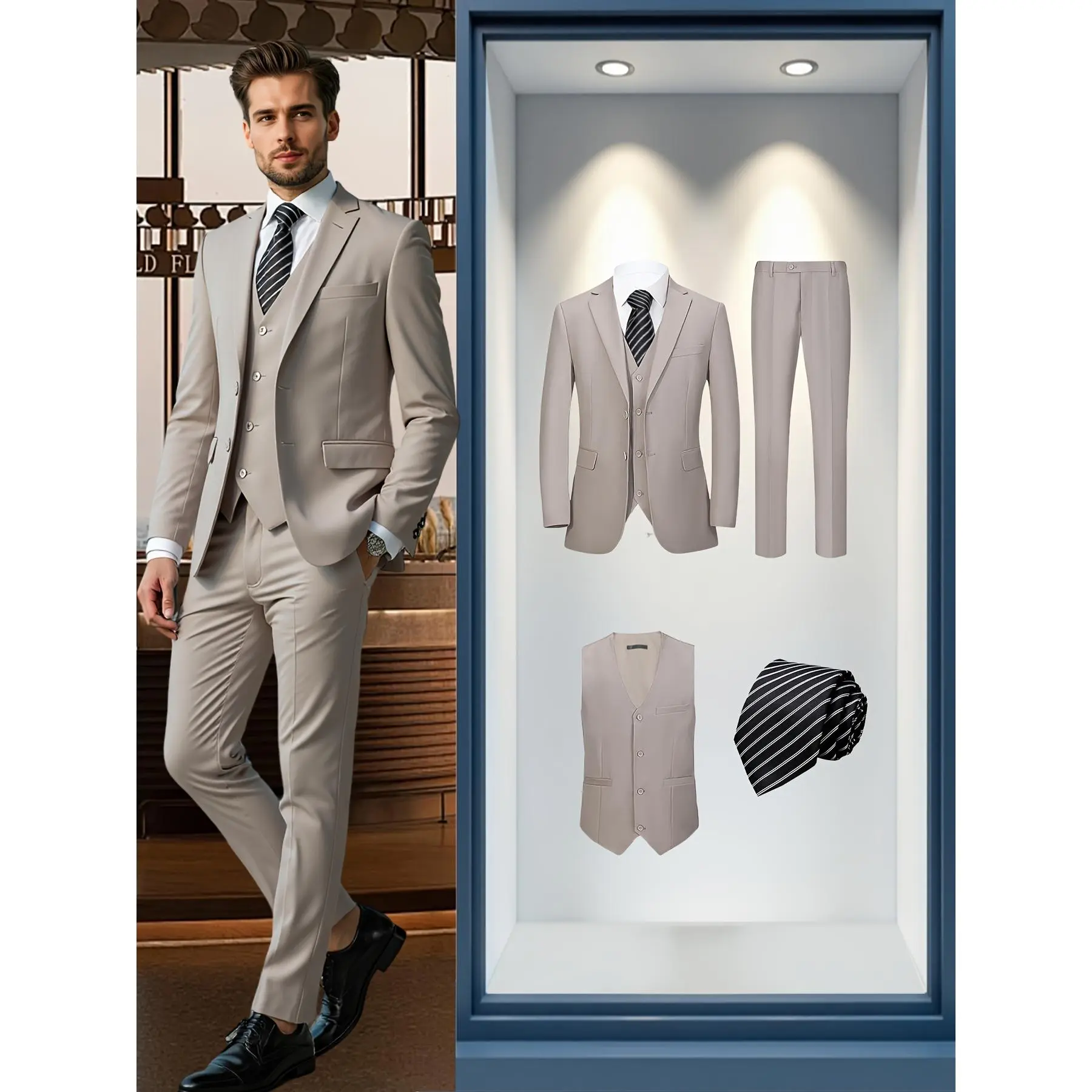 Men's 4-Piece Formal Suit Set - Longsleeves Formal Wear with Button Woven Pants, Vest, Tie, Pockets, Elegant Solid Color Regular Fit Polyester-Viscose Blend for Business, Party, Rayon, Fitted, Workwear, Button Front, No