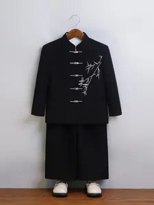 Boys' Traditional Chinese Costume Set, Stand Collar Embroidered Zhongshan Jacket, Ethnic Style Outerwear, National Wind Tang Suit Performance Wear