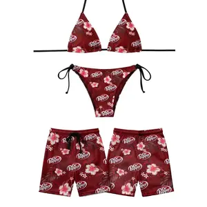 Couple Matching Swimwear, Dr Pepper Red Tropical Flower Print Bikini Set with Men's Shorts, Best Couple Gift Idea