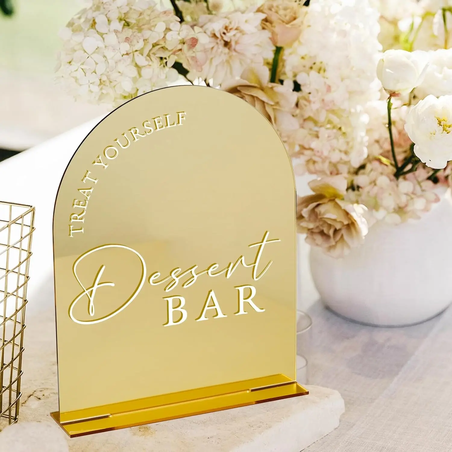 Acrylic Dessert Bar Sign, Mirror Finish Arched Wedding Plaque with Base, 5x7 Inches, Ideal for Weddings and Parties