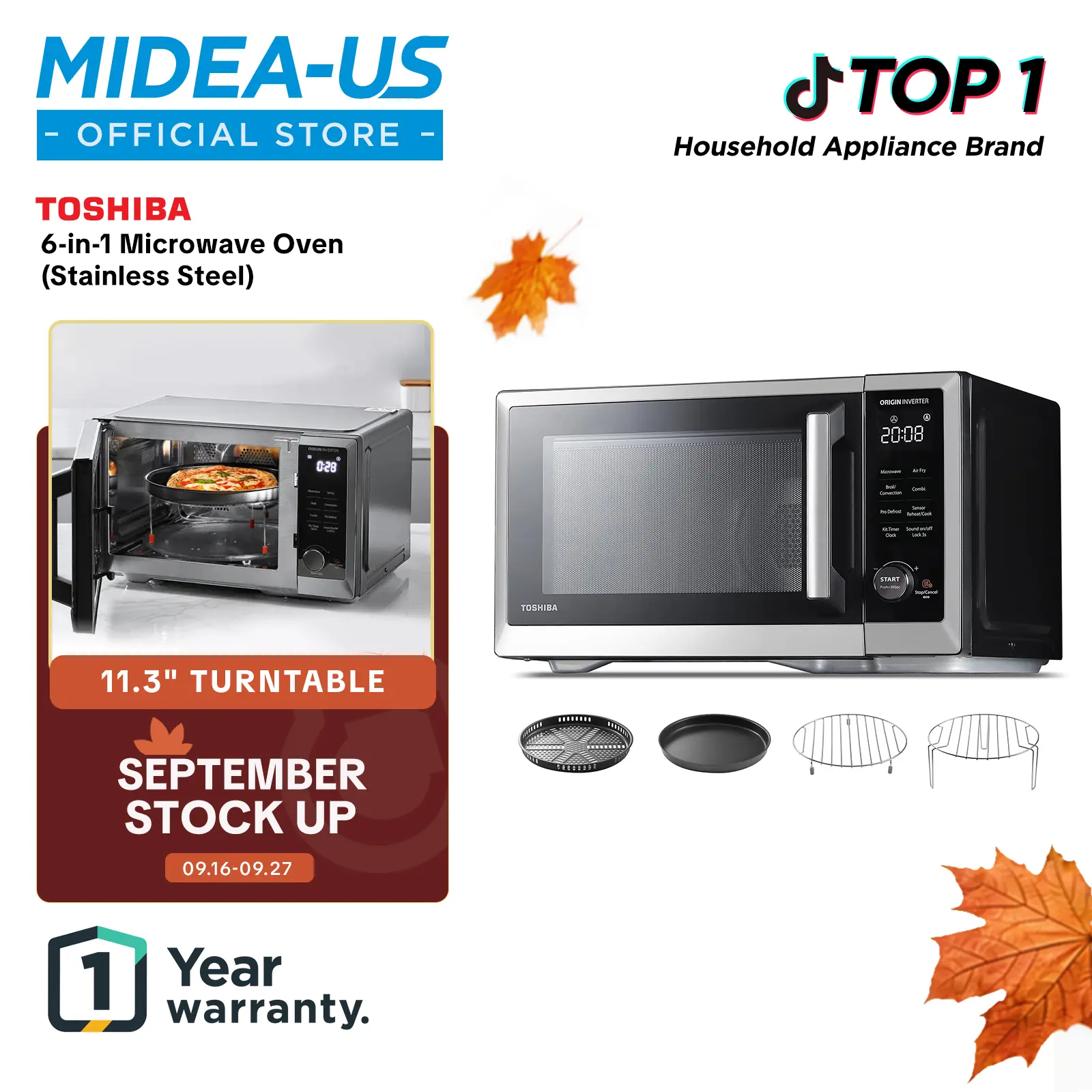 TOSHIBA 7-in-1 Countertop Microwave Oven, 1.0 cuft. Air Fryer Combo with Inverter Convection, Humidity Sensor, Even Defrost, 27 Auto Menu & 47 Recipes Kitchen Appliances