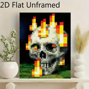 2D flat 1pc Unframed Vibrant Pixel Skull Flames Canvas Poster, Canvas Wall Art, Poster and Print, Artwork Wall Painting for Gift, Bedroom, Office, Living Room, Cafe, Wall Home Decor Christmas Decoration, New Year Decor, Painting, Drawing Art Supplies