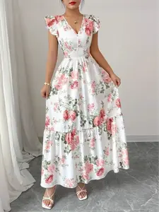 Women’s floral print maxi dress with V-neck, flutter sleeves, ruched detailing, and high waist; Bohemian-style layered design that drapes beautifully—suitable for vacations, the beach, wedding guests, and everyday outings.