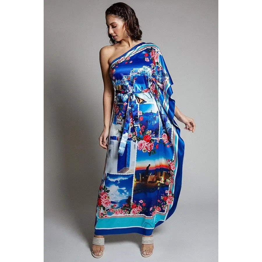 Vacation In Greece Floral One Shoulder Maxi Dress