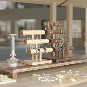 2-Tier Bracelet Holder Stand Display Wooden T-Bar Bracelets Holder Organizer for Displays, Storage Stand Tower for Bangle, Jewelry Towers