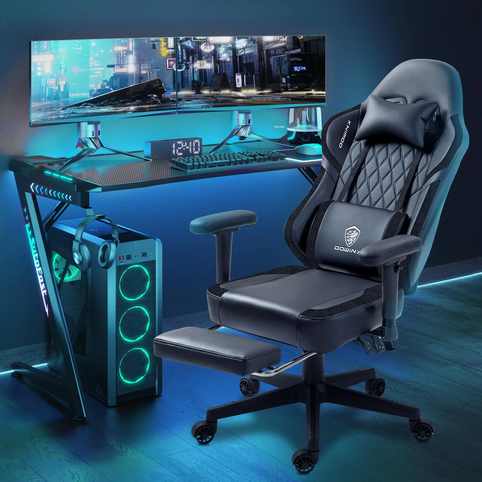 Dowinx Gaming Chair, Massage Game Chair Pu Leather with Headrest and Hanger, Ergonomic Computer Chair with Footrest 300lbs for Adult