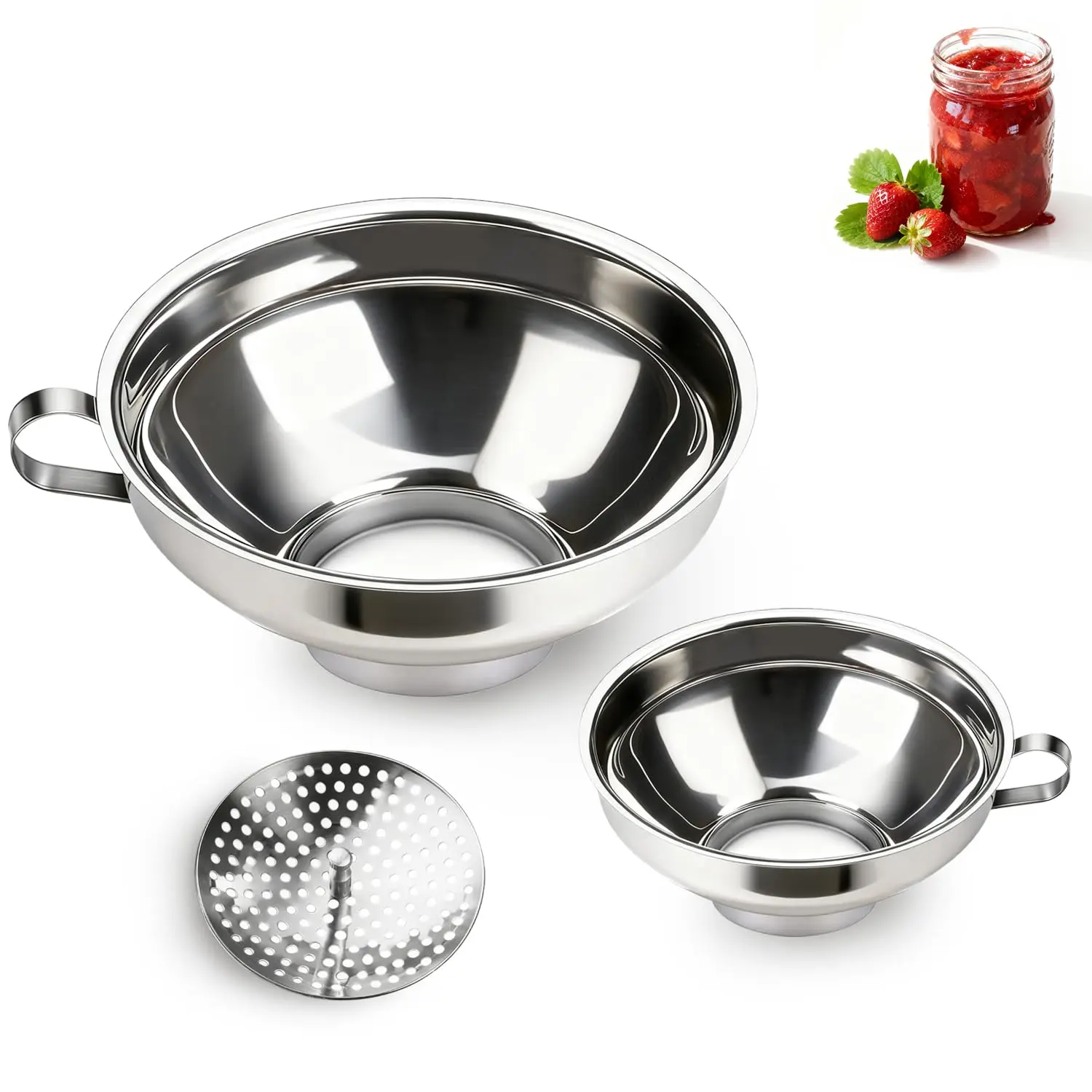 3-Piece Food Grade Stainless Steel Funnels with Strainer & Handle - Wide Mouth for Filling Mason Jars, Canning Supplies with Filtration & Smooth Surface for Kitchen Use (Small & Large), Three Pieces
