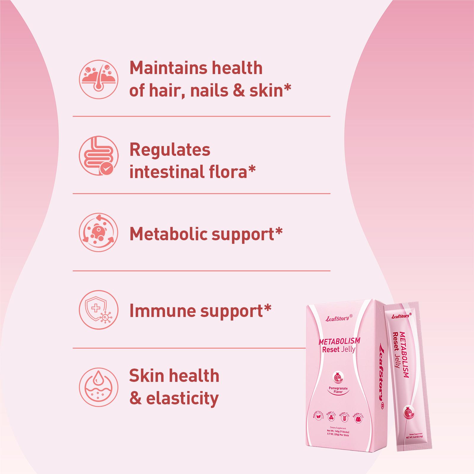 LeafStory Metabolism Reset Jelly (7 Sticks): Pomegranate Flavor, Support Metabolism & Energy, Support Digestion & Gut Health, Sugar-Free, Skin Elasticity, Hair & Nails, Gluten-Free, Non-GMO, Gelatin-Free-F