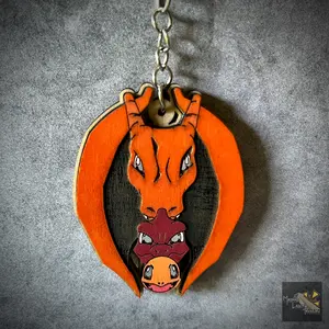 Mayans TCG Treasure Charizard Evolutions Keychain - Custom 2" Height Keychain with Charmleon & Charisma, SeaLED Wood, Water Resistance & Durability