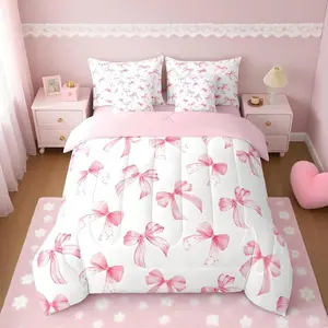 3-piece cute and dreamy princess pink bow quilt set (1 quilt + 2 pillowcases, pillowcases without inserts), available in multiple sizes including twin, full, queen, and king. Featuring U-shaped quilting, the quilt contains 200gsm filling, offering softnes