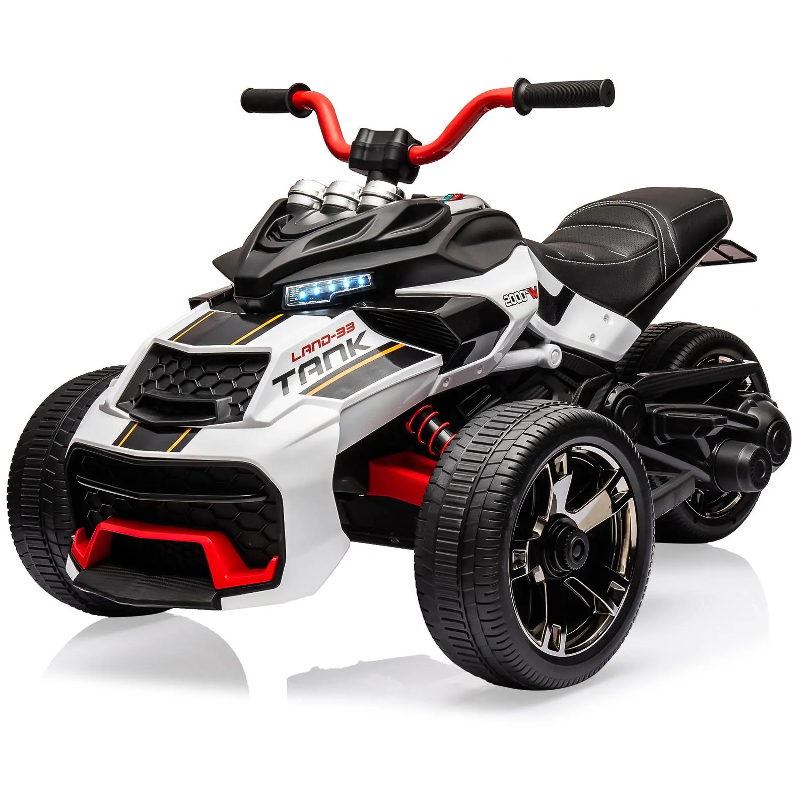 Garvee White 12V Kids Ride On ATV Three Wheeler Motorcycle With Rechargeable Battery Led Headlights Music And Safety Belt White