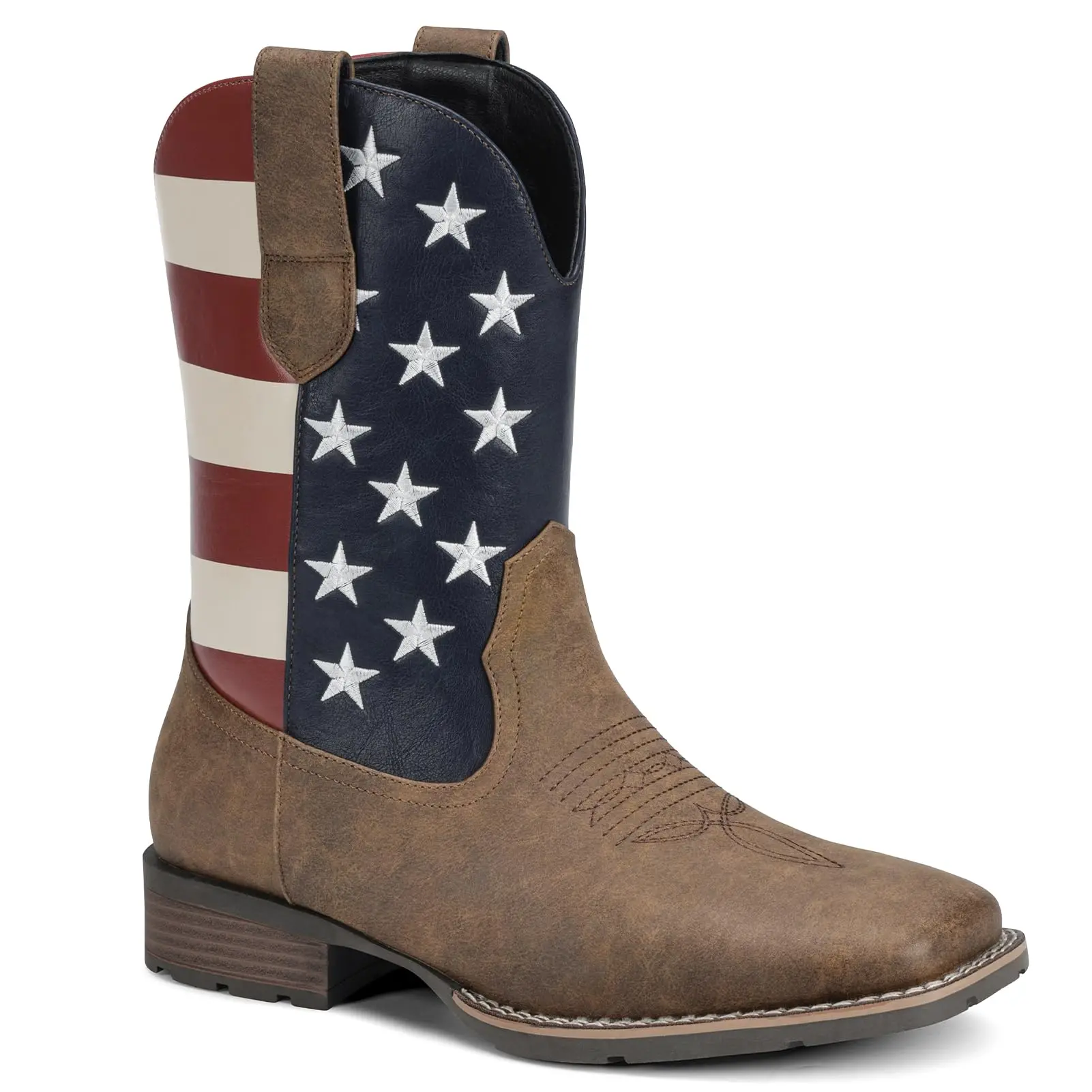 Cowboy Boots for Men - Western Men's Boots with Classic Embroidered, Slip on Square Toe Boots, Slip Resistant Country Boots Chunky Heel Ankle, Durable Short Boots for Spring Fall
