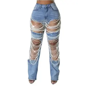 Women’s Fashion Pearl-Beaded Ripped Hollow-Out Tassel Wide-Leg Jeans, 2024 New Summer Street Style Denim Pants