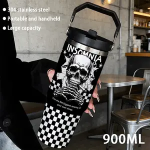 Loyr 30oz Insulated Travel Mug, Skull Design Stainless Steel Leak-Proof Straw Cup, Large Capacity Portable Cup for Commute Outdoor Use, Perfect Gift
