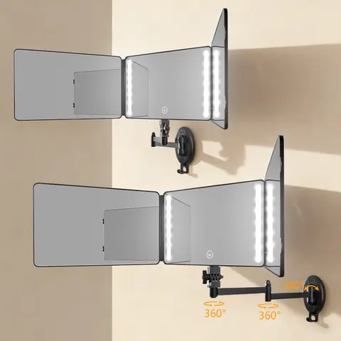 Umitec Mini Wireless Rechargeable 1500mAh LED Lighted HD Glass Trifold 3-way Mirror - Small Wall-Mounted, Removable Tabletop, 360-Degree Rotatable, with Protective Film for Makeup, Shaving - Christmas, Thanksgiving, Anniversaries Home Decor Lighted Mirror