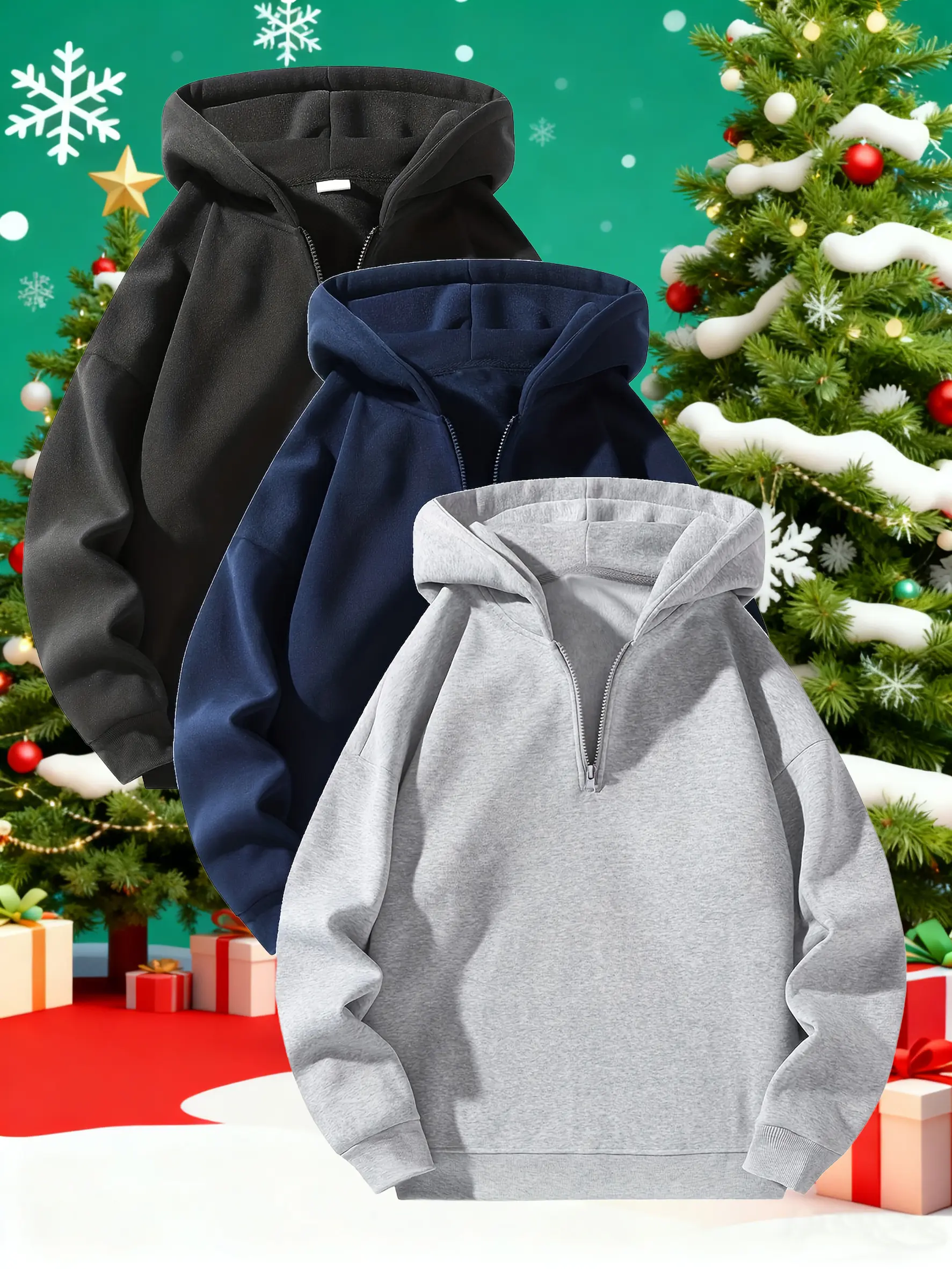 Men's Half-Zip Hooded Long Sleeve Matching Sweatshirt - Sport-Inspired Neutral Frontzip Menswear, Autumn Winter Plain Soft Polyester, Medium Length Outdoor Casual Sports Tops, Standard Sizes, Couple-Friendly, Sport-Inspired Men's Hoodies