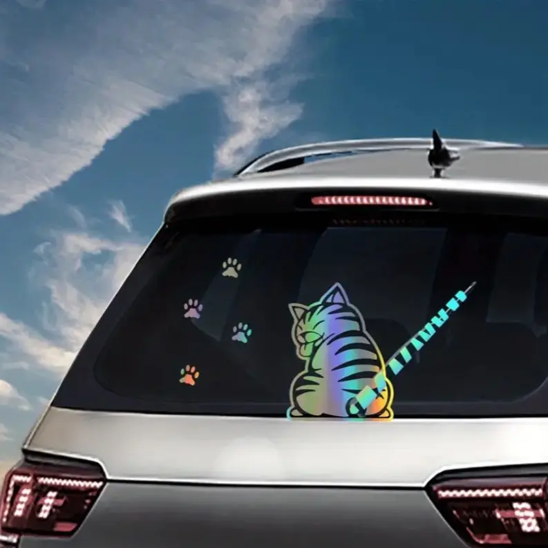 One Set Holographic Reflective Tail-Wagging Cat Decal Paper Bumper Sticker – Night Visibility Moving Tail Kitty Design for Vehicle Rear Window or Trunk Decoration