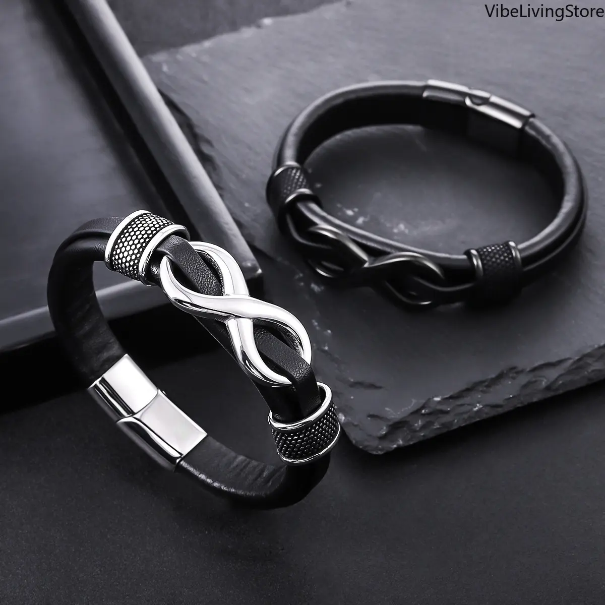 Black Male Double-Layer Leather Infinity Knot Classic Wrist Accessory, Stainless Steel Magnetic Clasp Luggage Bag Accessory, Daily Wear & Gifting Option, Bag Charm, Bracelets