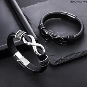 Men's Double Layer Leather Infinity Knot Bracelet, Stainless Steel Magnetic Clasp, Classic Black Fashion Jewelry for Daily Wear Parties Birthday Gifts