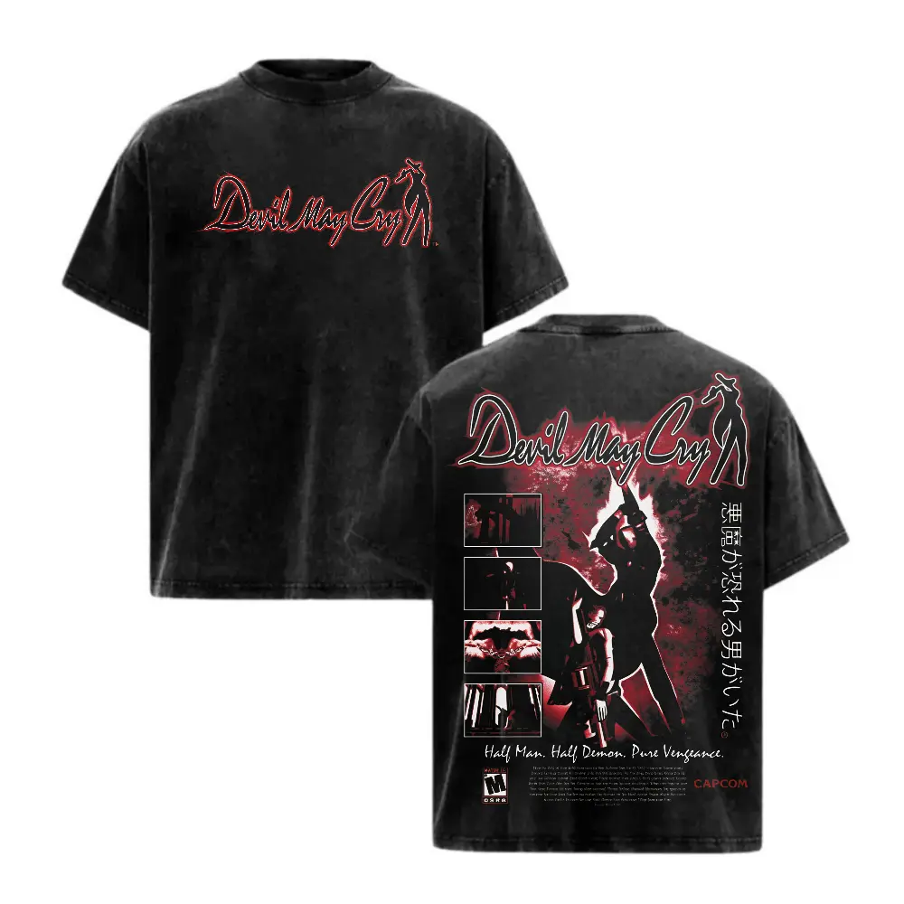 Urban Streetwear Black Washed Devil May Cry Game Graphic T Shirt for Men Dante Silhouette Print Crewneck Cotton Tee Casual Top for Daily Activities and Action Game Enthusiasts