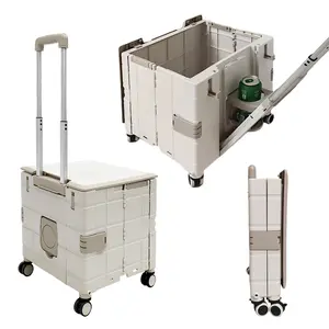 dbest products Quik Cart Collapsible Rolling Crate on Wheels for Teachers Tote Basket, 80 lbs Capacity, Blue Lid Made from Heavy Duty Plastic and used as a Seat