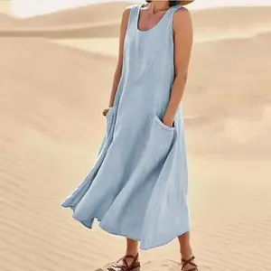 Summer Women's Loose Sleeveless Crew Neck Dress, Breathable Cotton Linen Blend Casual Dress